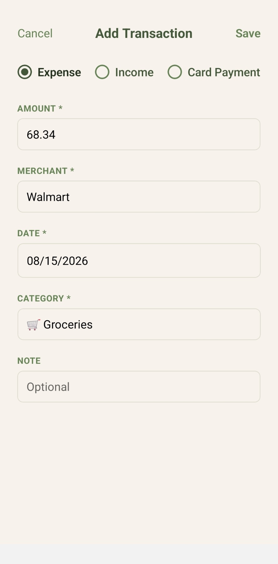 Adding a transaction manually in Ledge